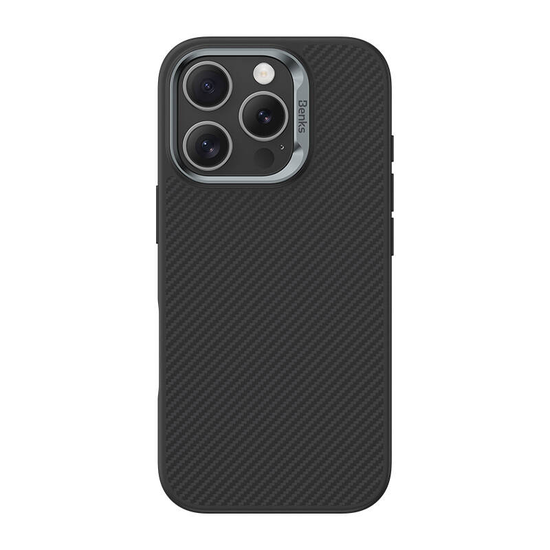 Apple iPhone 16 Pro Kılıf Karbon Fiber Magsafe Şarj Özellikli Benks Hybrid ArmorPro 600D Kevlar Kapak Siyah