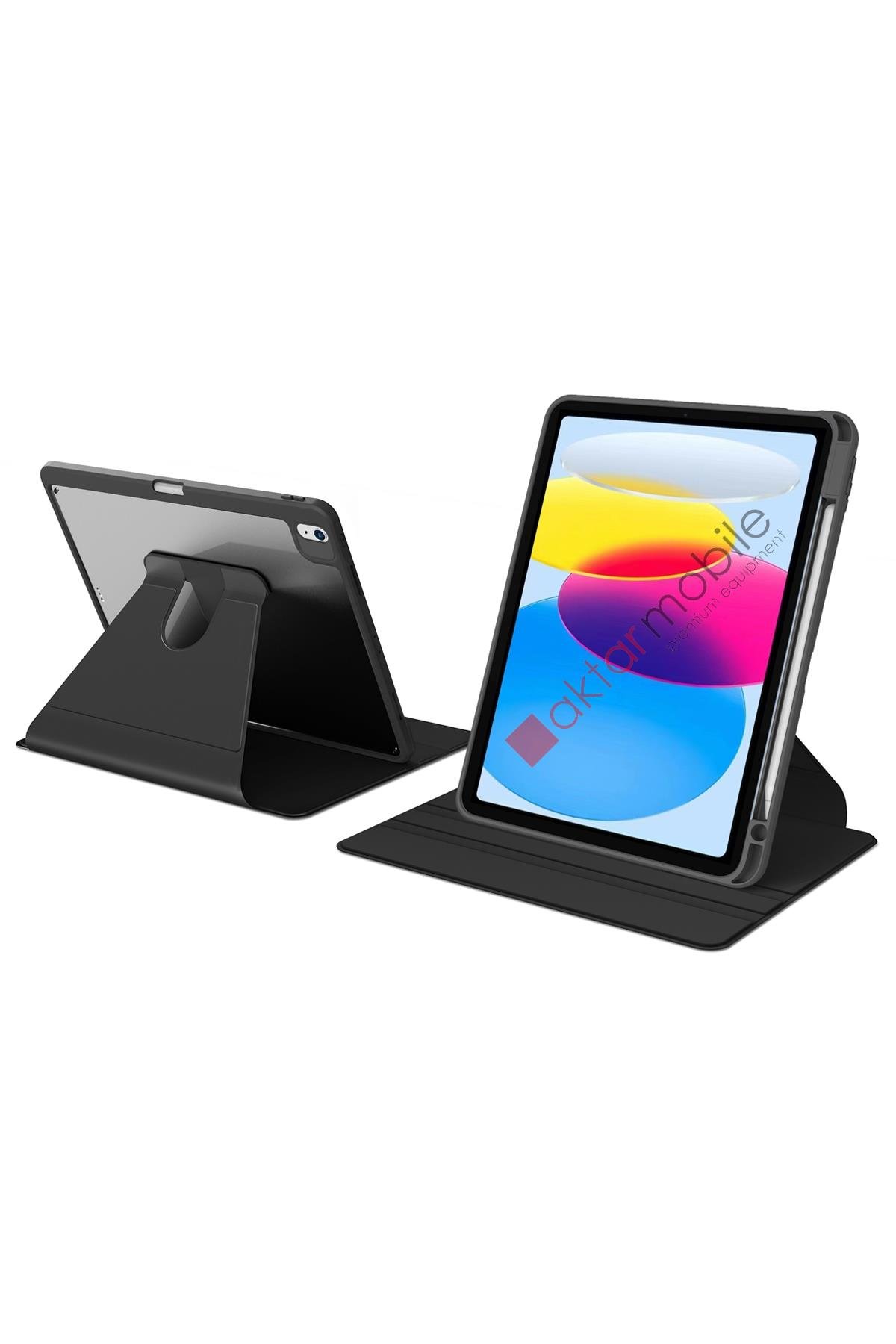 iPad 10. Nesil 2022 10.9'' uyumlu Kılıf 360 Dönebilen Kalem Bölmeli Yatay Dikey Standlı Akıllı Kapak Siyah
