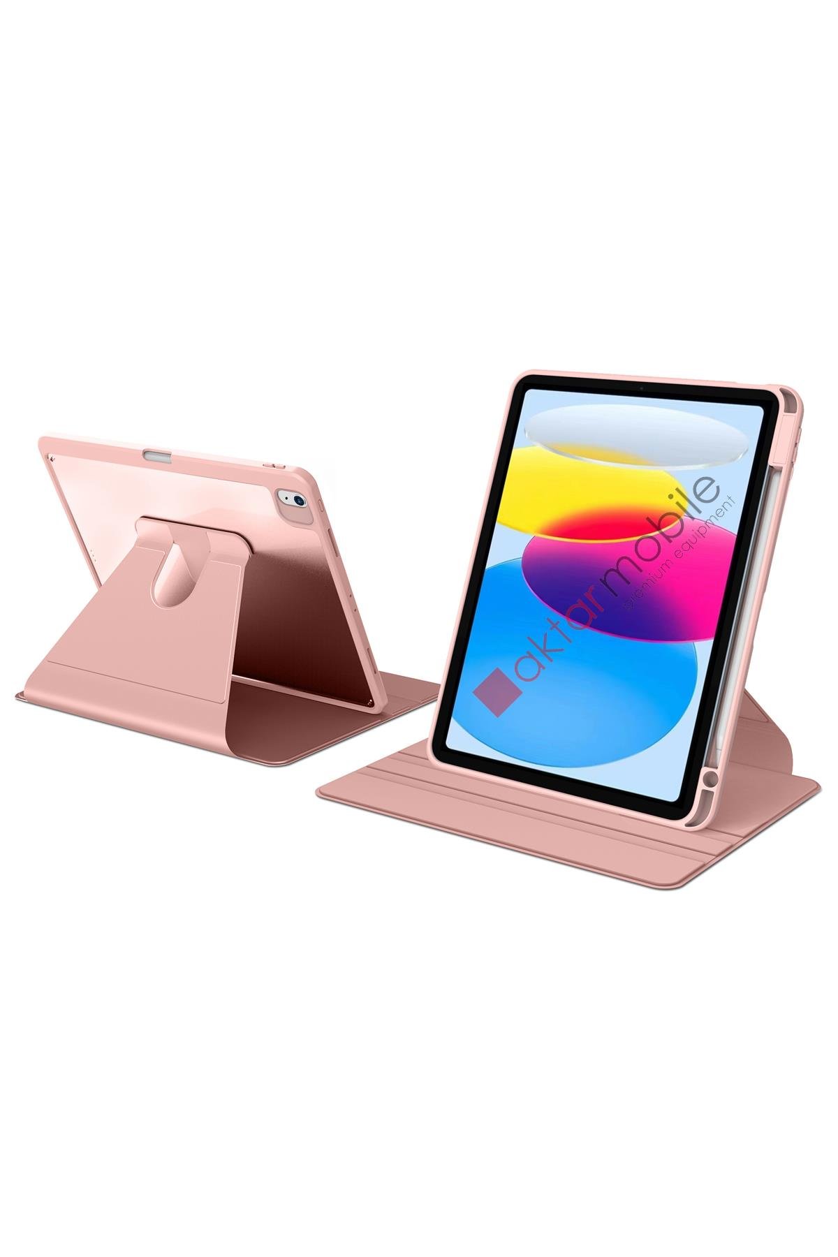 iPad 10. Nesil 2022 10.9'' uyumlu Kılıf 360 Dönebilen Kalem Bölmeli Yatay Dikey Standlı Akıllı Kapak Pudra