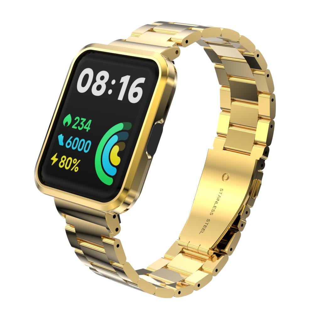 Redmi Watch 2 Lite uyumlu Baklalı Model Metal Kordon & Kasa Koruma 2 in 1 Paslanmaz Çelik Kayış Gold