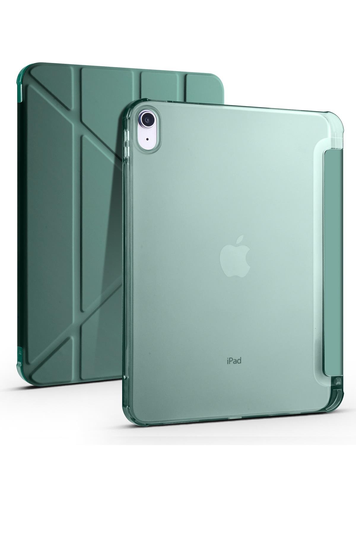 iPad 10. Nesil 2022 10.9'' Uyumlu Kılıf Kalem Bölmeli Standlı Akıllı Uyku Modlu Kapaklı Tablet Kılıfı Koyu Yeşil