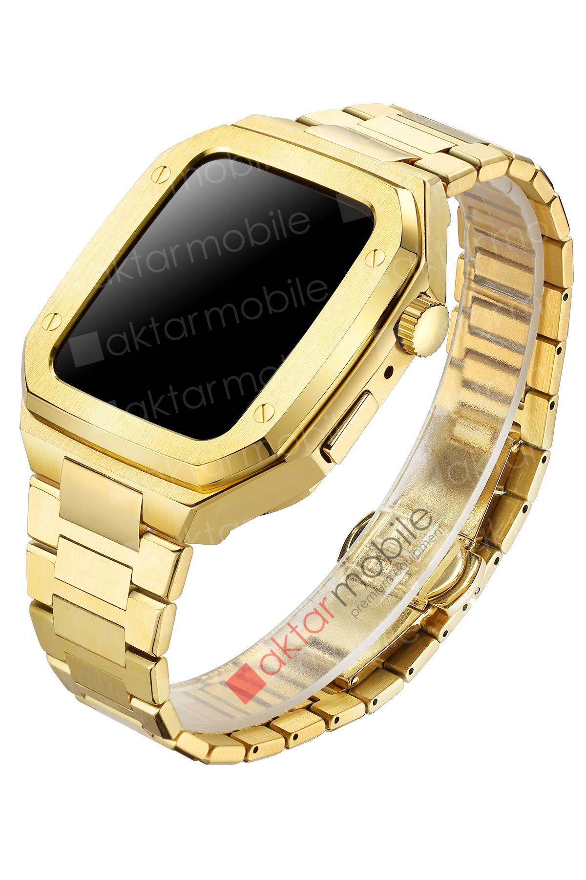 Apple Watch 8 45 mm uyumlu Luxury Modifikasyon Kiti Hublot Tasarım Paslanmaz Çelik Kasa & Kordon Gold