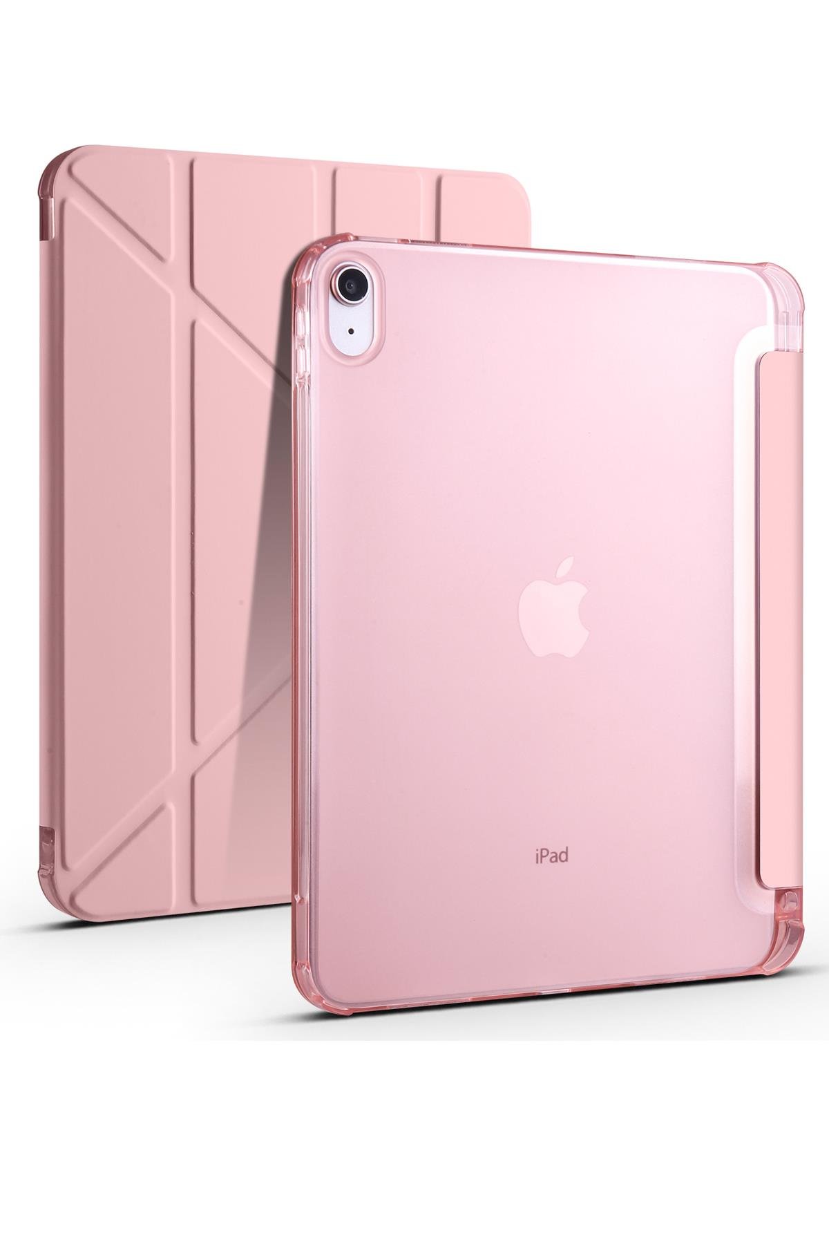iPad 10. Nesil 2022 10.9'' Uyumlu Kılıf Kalem Bölmeli Standlı Akıllı Uyku Modlu Kapaklı Tablet Kılıfı Rose Gold