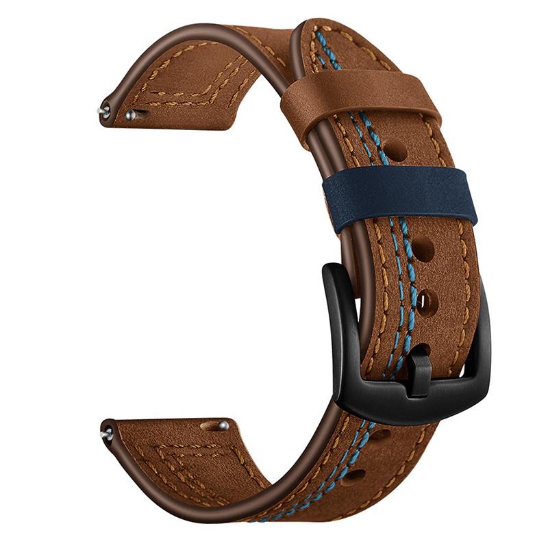 Amazfit GTR 47 mm Uyumlu Deri Kordon Spor Dikişli Deri Kayış Kahverengi