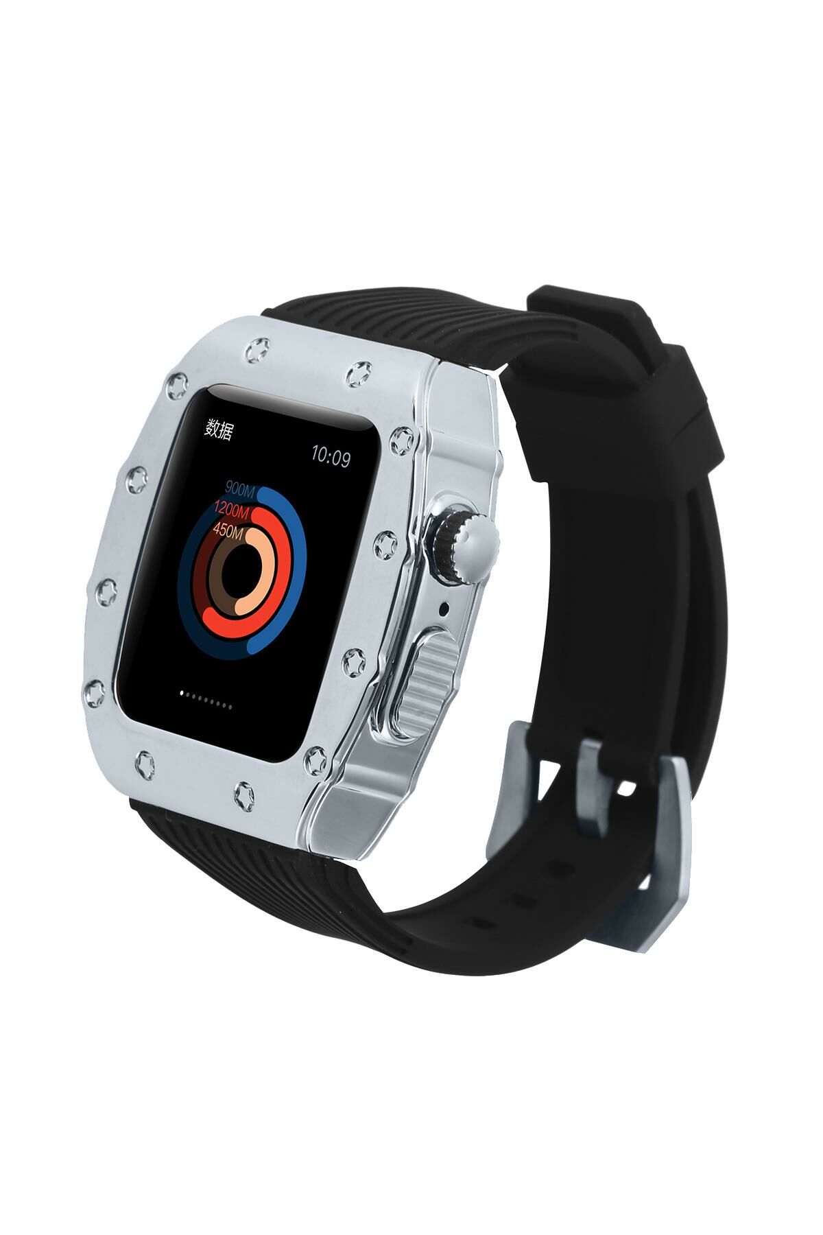 Apple Watch 8 45 mm uyumlu Modifikasyon Kiti Hublot Tasarım Paslanmaz Çelik Kasa & Silikon Kordon