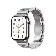 Apple Watch 7 8 9 45 mm uyumlu Paslanmaz Çelik Premium Kordon Grand H Model Kayış Kelebek Klips Gümüş