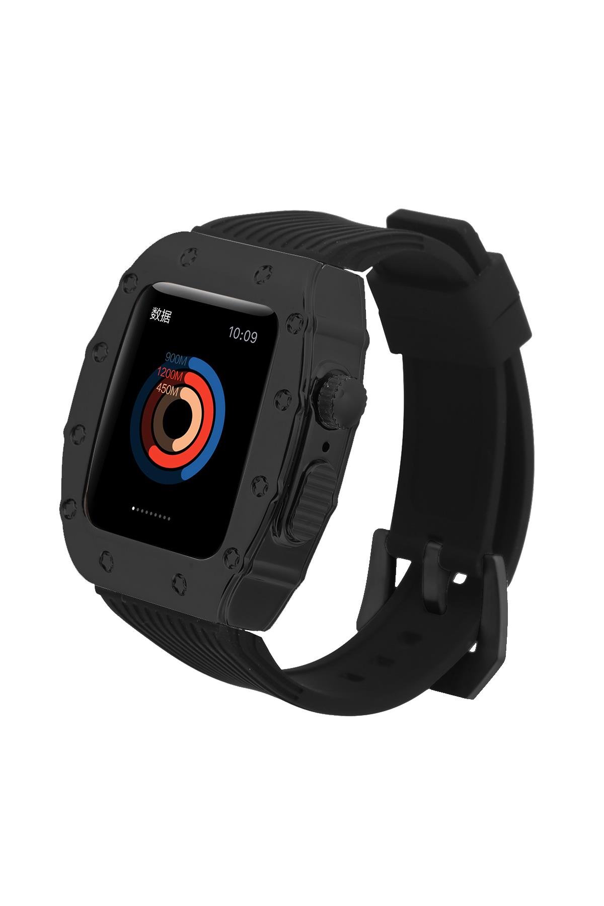 Apple Watch 8 45 mm uyumlu Modifikasyon Kiti Hublot Tasarım Paslanmaz Çelik Kasa & Silikon Kordon Siyah