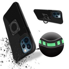iPhone 12 Pro Max uyumlu Kılıf Metal Yüzüklü Karbon Fiber Desenli Kapak Spor Tasarım Darbe Emici