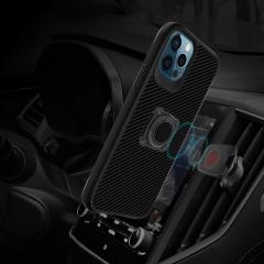 iPhone 12 Pro Max uyumlu Kılıf Metal Yüzüklü Karbon Fiber Desenli Kapak Spor Tasarım Darbe Emici
