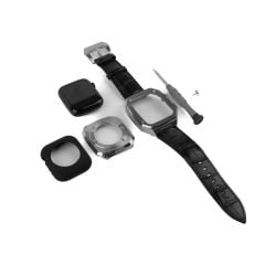 Apple Watch 8 45 mm uyumlu Modifikasyon Kiti Hublot Tasarım Paslanmaz Çelik Kasa & Deri Kordon