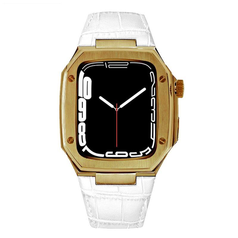 Apple Watch 8 45 mm uyumlu Modifikasyon Kiti Hublot Tasarım Paslanmaz Çelik Kasa & Deri Kordon Beyaz - Gold