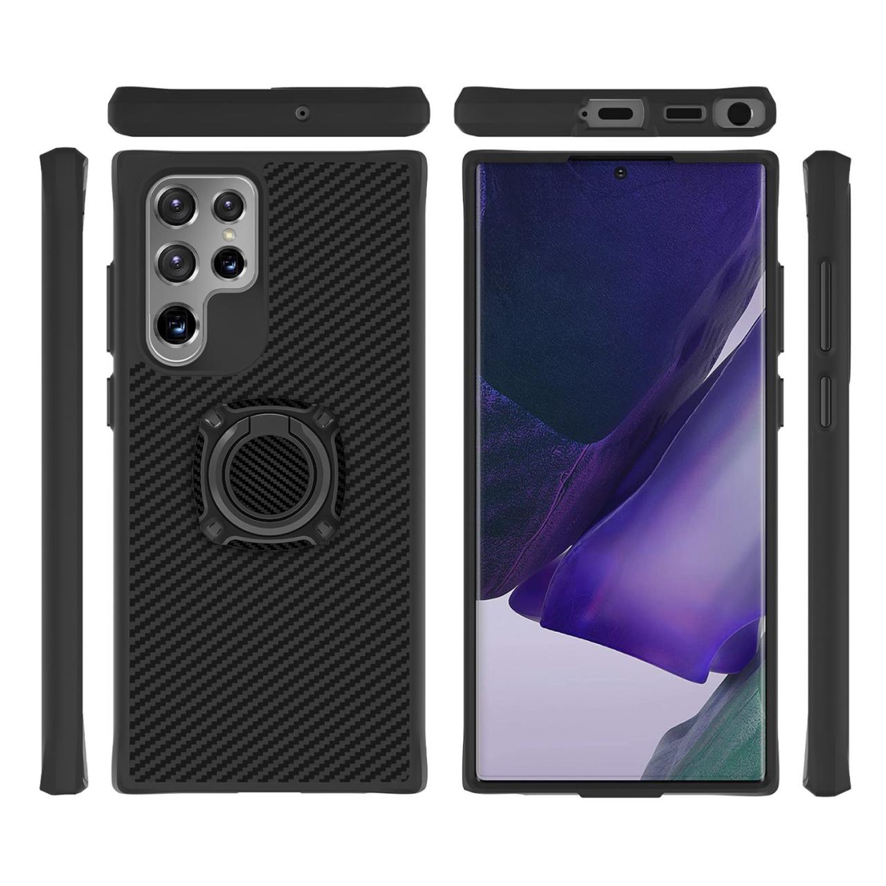 Samsung Galaxy S22 Ultra uyumlu Kılıf Metal Yüzüklü Karbon Fiber Desenli Kapak Spor Tasarım