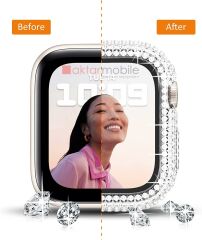 Apple Watch 7 8 45 mm uyumlu Ekran Koruyucu & Kasa Koruma Full Taşlı Tasarım Işıltılı Görünüm Şeffaf