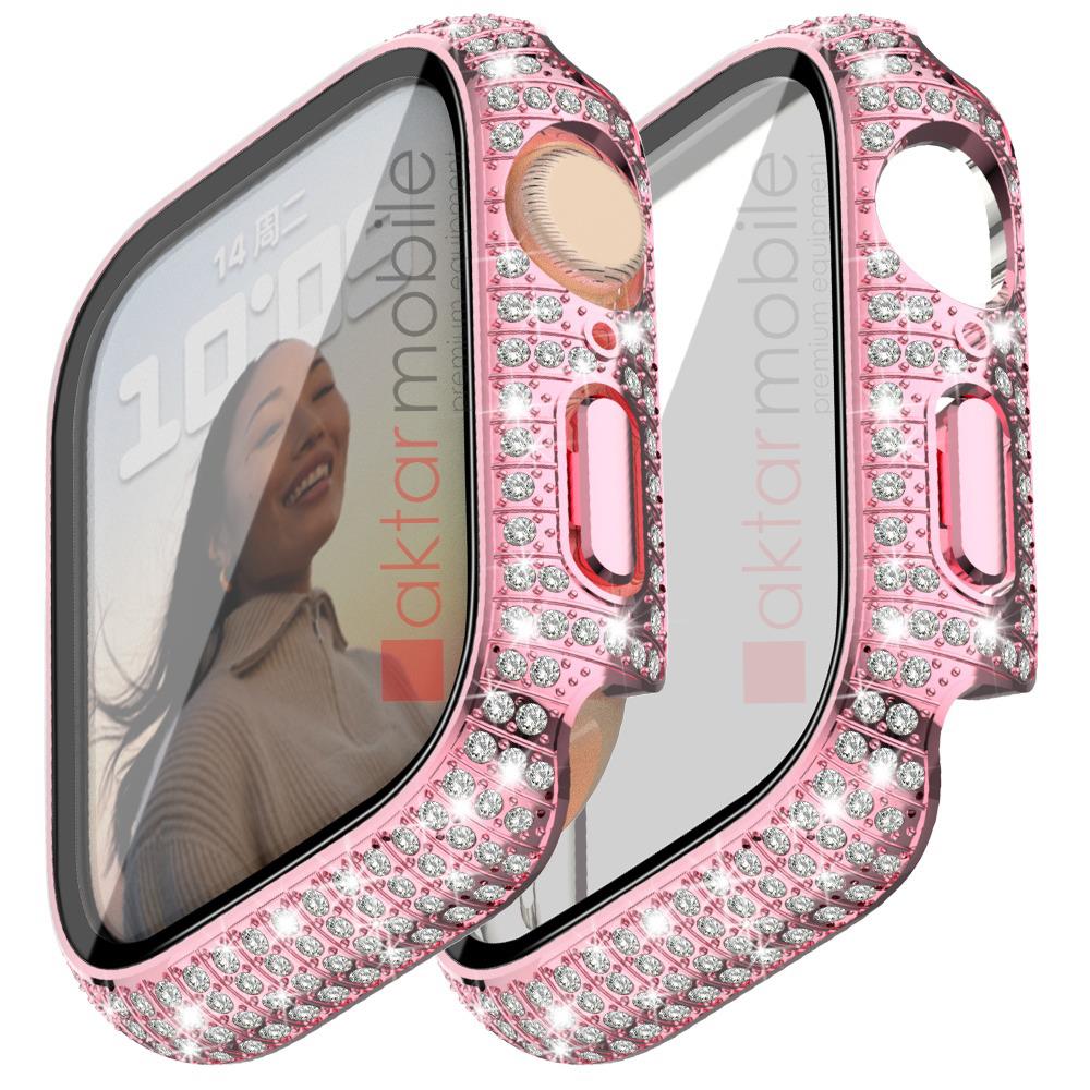 Apple Watch 7 8 45 mm uyumlu Ekran Koruyucu & Kasa Koruma Full Taşlı Tasarım Işıltılı Görünüm Rose Pembe