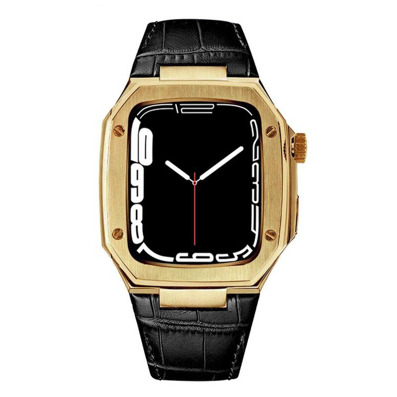Apple Watch 8 45 mm uyumlu Modifikasyon Kiti Hublot Tasarım Paslanmaz Çelik Kasa & Deri Kordon Siyah - Gold
