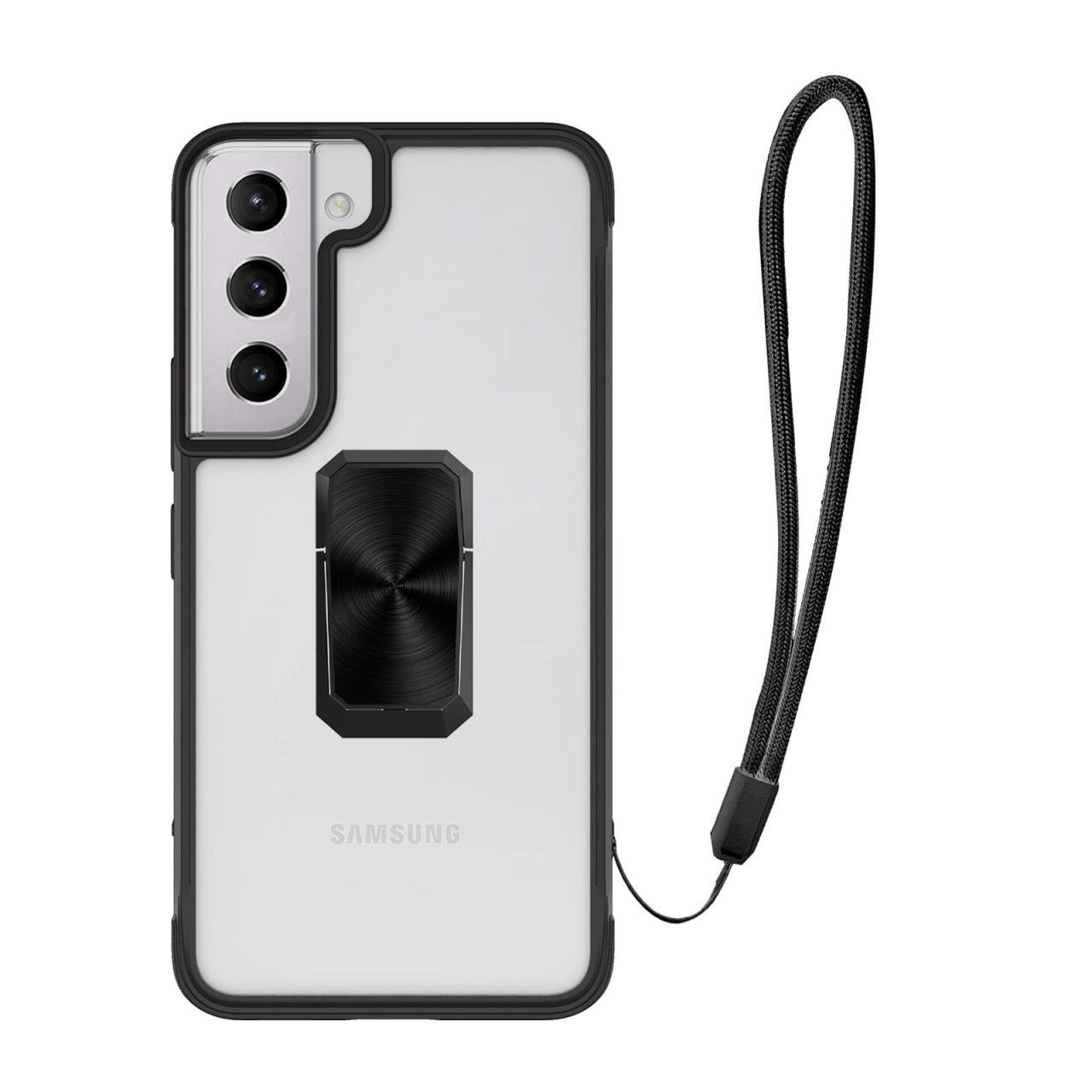 Samsung Galaxy S22 uyumlu Kılıf Metal Yüzüklü El Askılı Şeffaf Parlak Kapak Şık Tasarım Darbe Emici