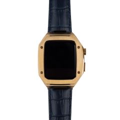 Apple Watch 8 45 mm uyumlu Modifikasyon Kiti Hublot Tasarım Paslanmaz Çelik Kasa & Deri Kordon Lacivert - Gold