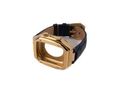 Apple Watch 8 45 mm uyumlu Modifikasyon Kiti Hublot Tasarım Paslanmaz Çelik Kasa & Deri Kordon Lacivert - Gold