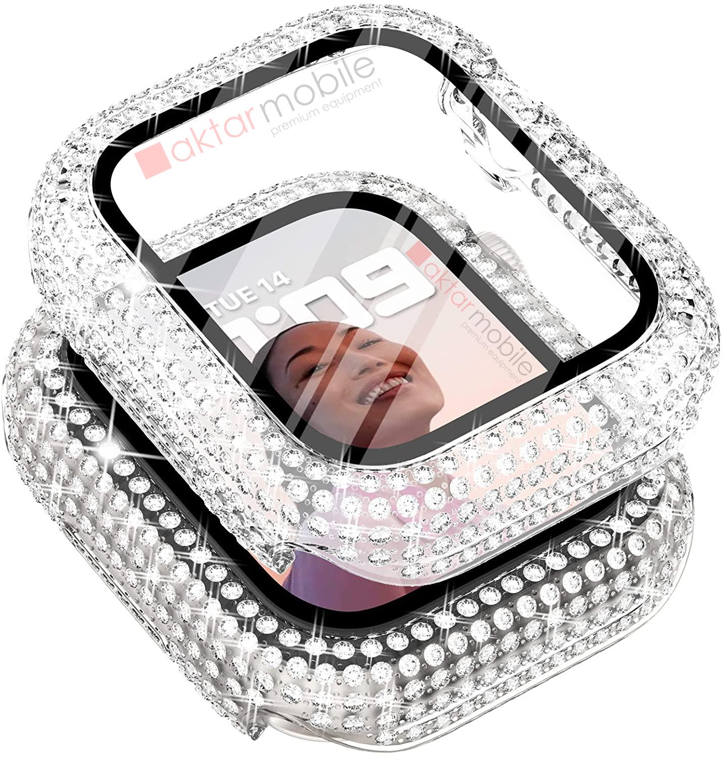 Apple Watch 7 8 41 mm uyumlu Ekran Koruyucu & Kasa Koruma Full Taşlı Tasarım Işıltılı Görünüm Şeffaf