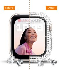 Apple Watch 7 8 41 mm uyumlu Ekran Koruyucu & Kasa Koruma Full Taşlı Tasarım Işıltılı Görünüm Şeffaf