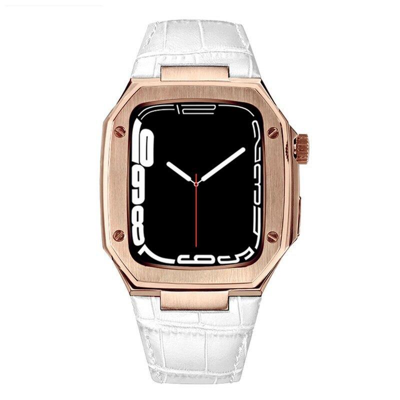 Apple Watch 7 45 mm uyumlu Modifikasyon Kiti Hublot Tasarım Paslanmaz Çelik Kasa & Deri Kordon Beyaz - Rose Gold