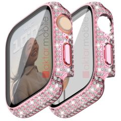 Apple Watch 7 8 41 mm uyumlu Ekran Koruyucu & Kasa Koruma Full Taşlı Tasarım Işıltılı Görünüm Rose Pembe