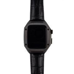 Apple Watch 7 45 mm uyumlu Modifikasyon Kiti Hublot Tasarım Paslanmaz Çelik Kasa & Deri Kordon Siyah