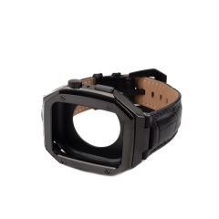 Apple Watch 7 45 mm uyumlu Modifikasyon Kiti Hublot Tasarım Paslanmaz Çelik Kasa & Deri Kordon Siyah