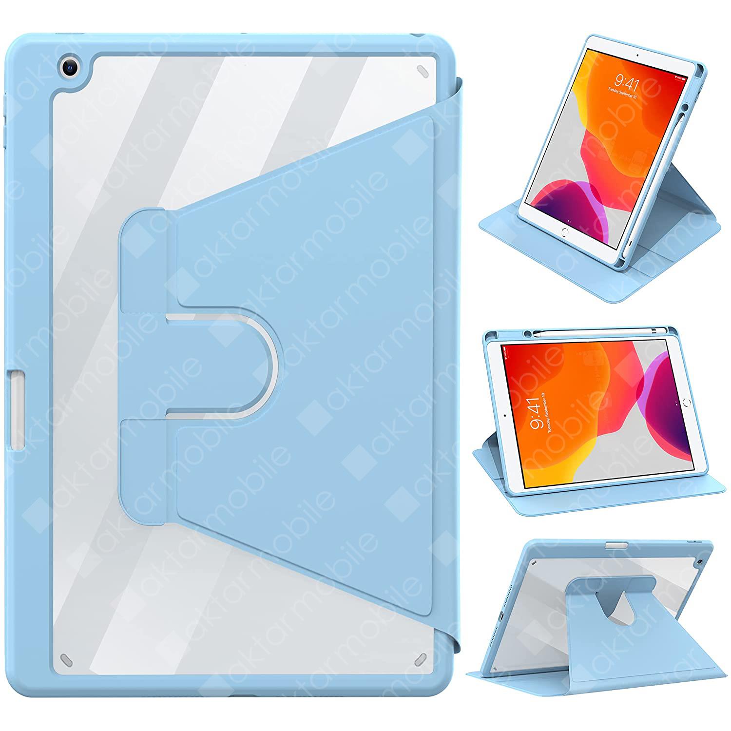 iPad 9. Nesil 2021 10.2 Uyumlu Kılıf 360° Dönebilen Kalem Bölmeli Standlı Akıllı Kapak Premium Mavi