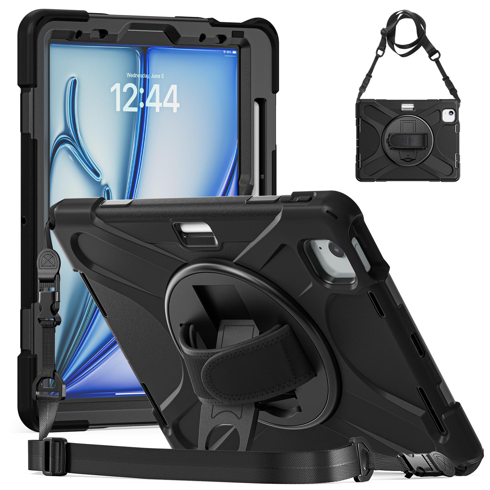 iPad Air 11 M2 2024 Uyumlu Kılıf Askılı Standlı Kalem Bölmeli Defender Üstün Koruma Zırh Tank