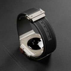 Apple Watch 10 46 mm uyumlu Çelilk Aksamlı Silikon Kordon Luxury Premium Kayış