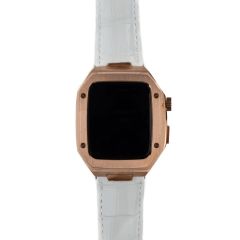 Apple Watch 6 44 mm uyumlu Modifikasyon Kiti Hublot Tasarım Paslanmaz Çelik Kasa & Deri Kordon Beyaz - Rose Gold