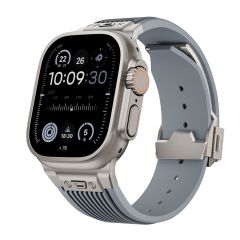 Apple Watch 10 46 mm uyumlu Çelilk Aksamlı Silikon Kordon Luxury Premium Kayış Gri