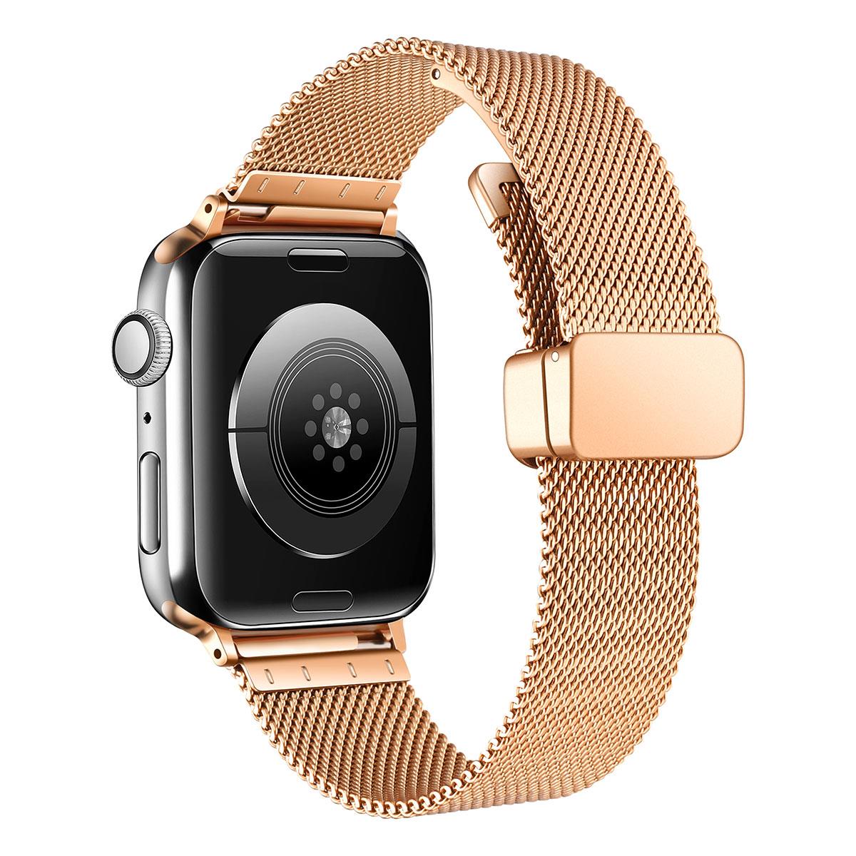Apple Watch 6 SE 5 4 3 2 1 42 44 mm Uyumlu Hasır Metal Kordon Magnetik D Tokalı Tel Örgü Kayı Rose Gold