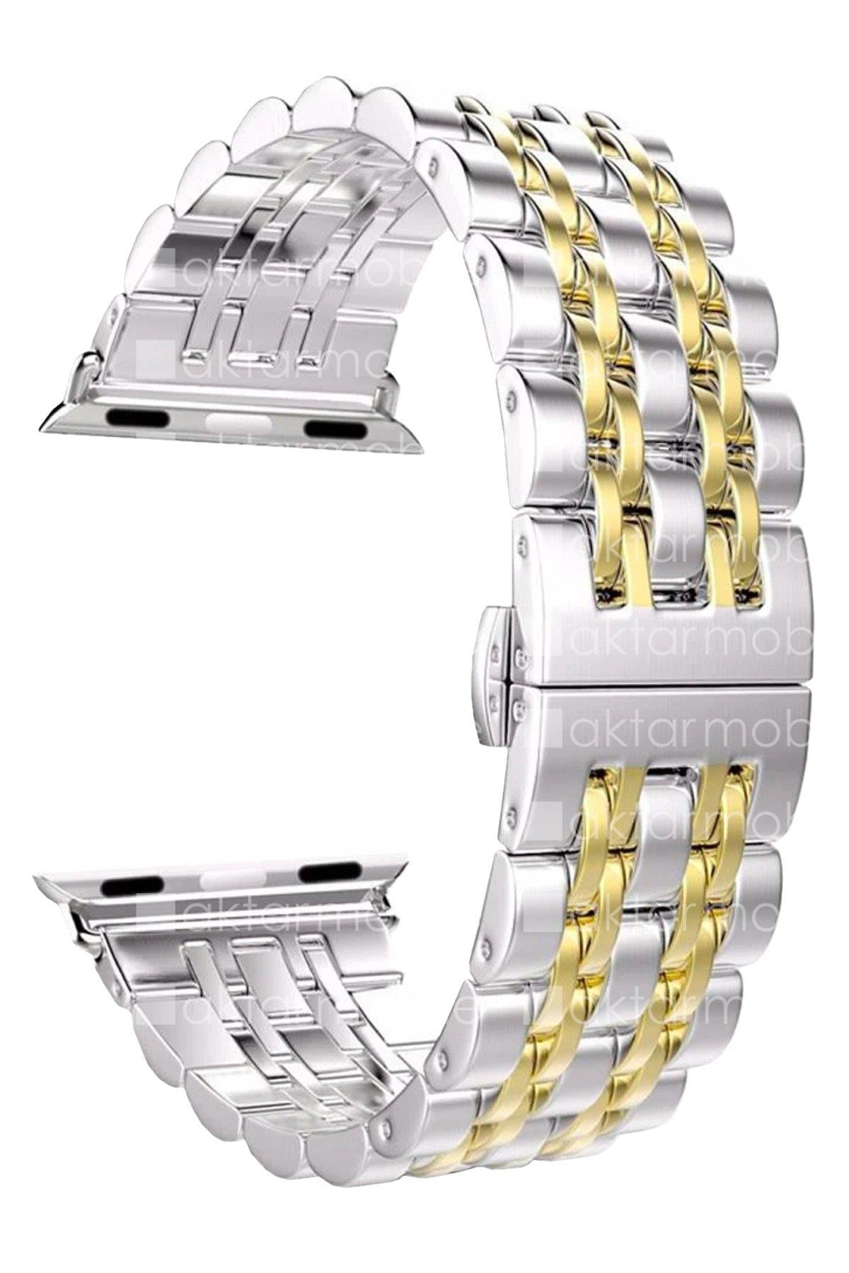 Apple Watch 8 41 mm uyumlu Metal Kordon Premium Paslanmaz Çelik Kayış Gold