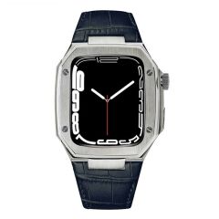 Apple Watch 6 44 mm uyumlu Modifikasyon Kiti Hublot Tasarım Paslanmaz Çelik Kasa & Deri Kordon Lacivert - Gümüş