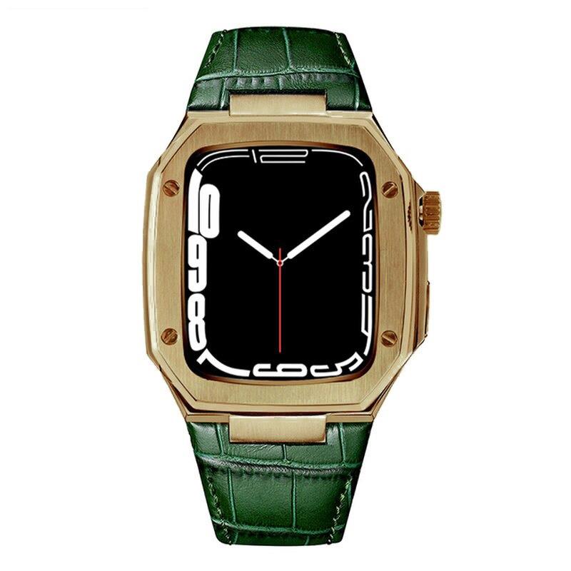 Apple Watch 6 44 mm uyumlu Modifikasyon Kiti Hublot Tasarım Paslanmaz Çelik Kasa & Deri Kordon Yeşil - Gold