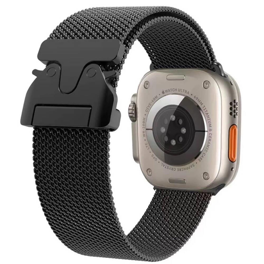 Apple Watch 7 8 9 45 mm Uyumlu Hasır Metal Örgü Kordon Kayış Ayarlanabilir Kilitli Toka Siyah