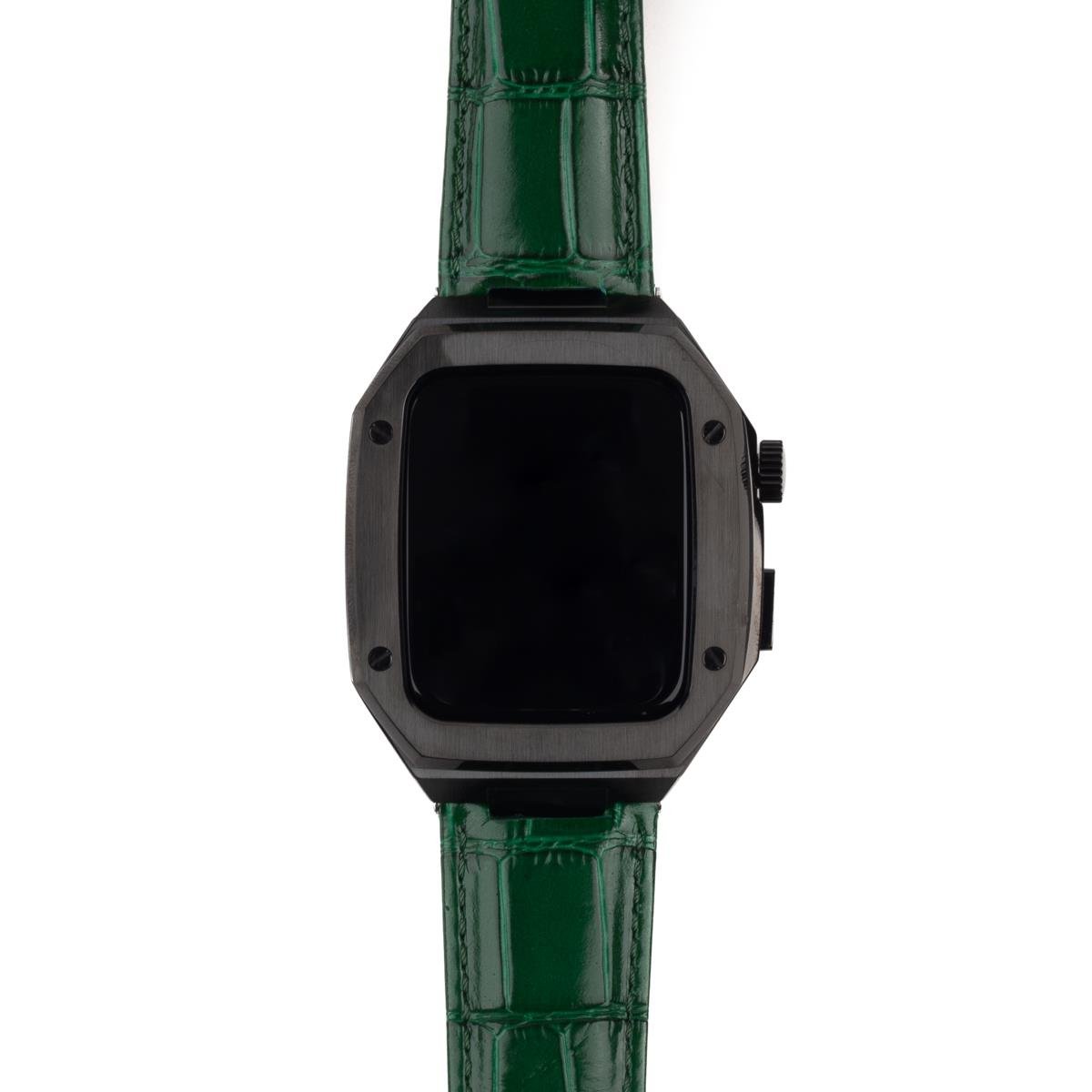 Apple Watch SE 44 mm uyumlu Modifikasyon Kiti Hublot Tasarım Paslanmaz Çelik Kasa & Deri Kordon Yeşil - Siyah