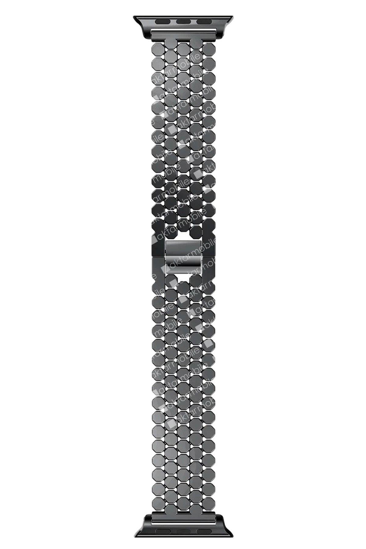 Apple Watch 8 41 mm uyumlu Metal Kordon Hegzagonal Tasarım Premium Kayış Siyah