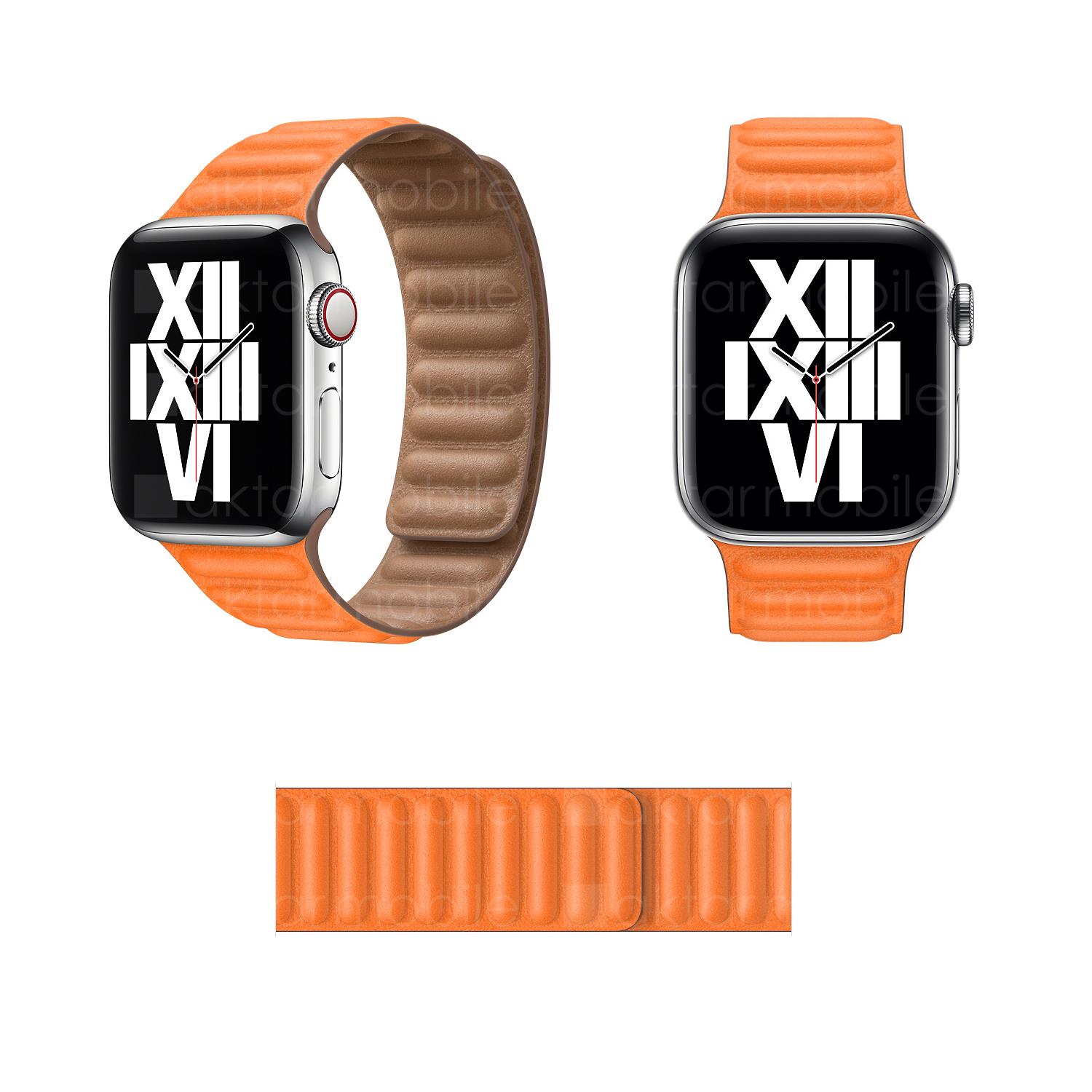 Apple Watch 38 mm 40 mm Uyumlu Baklalı Model Deri Kordon Mıknatıslı Deri Kayış Premium Turuncu