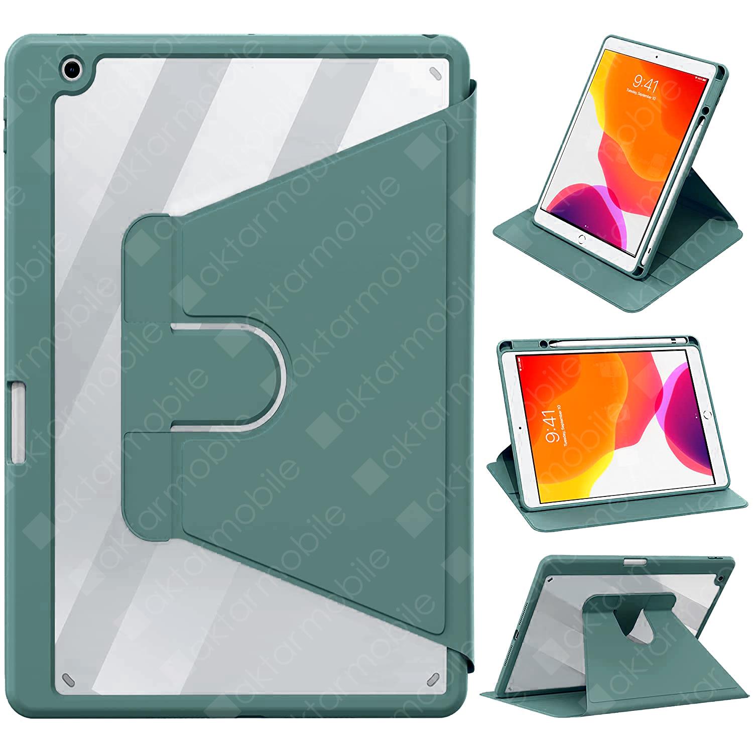 iPad 8. Nesil 2020 10.2 Uyumlu Kılıf 360° Dönebilen Kalem Bölmeli Standlı Akıllı Kapak Premium Koyu Yeşil