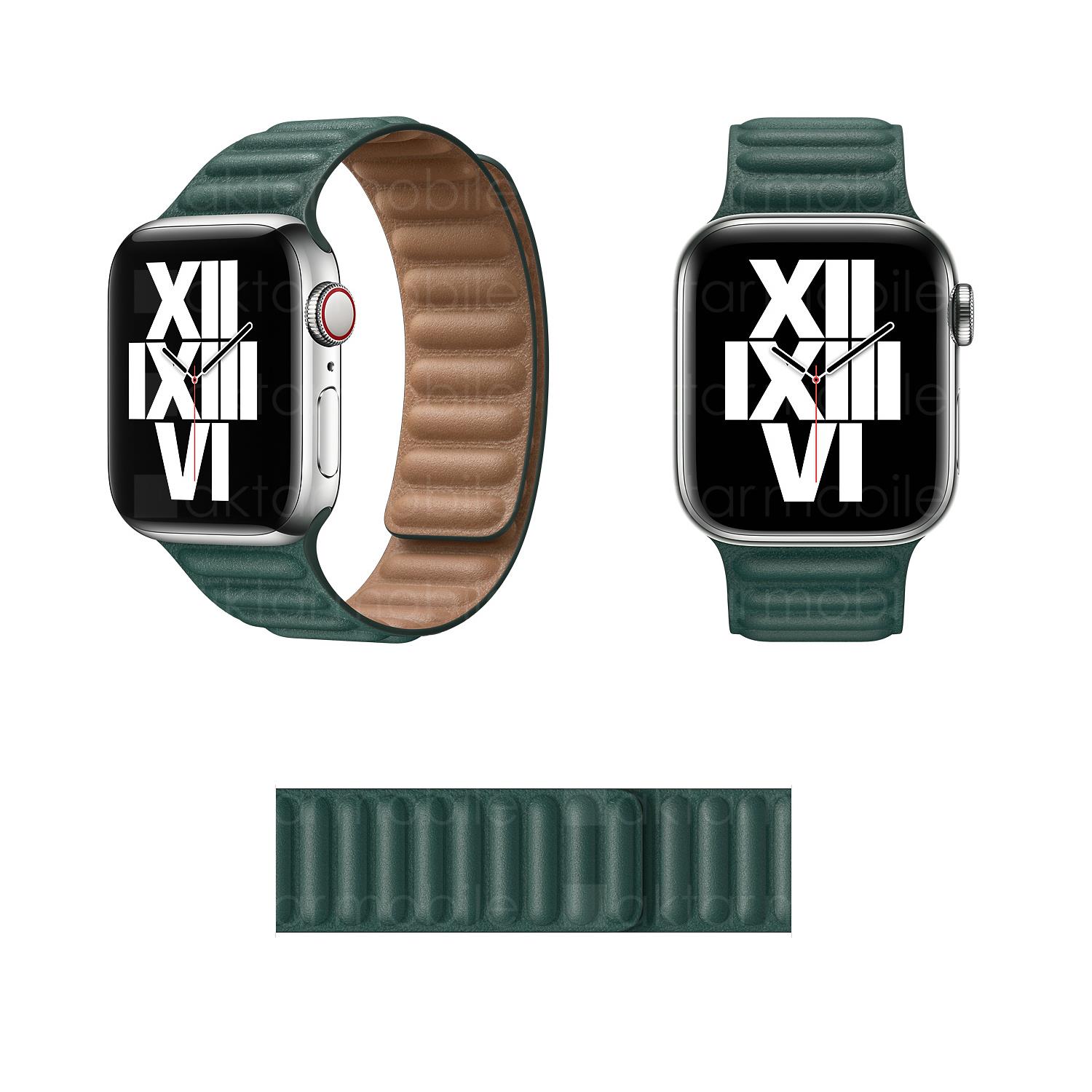 Apple Watch 38 mm 40 mm Uyumlu Baklalı Model Deri Kordon Mıknatıslı Deri Kayış Premium Koyu Yeşil