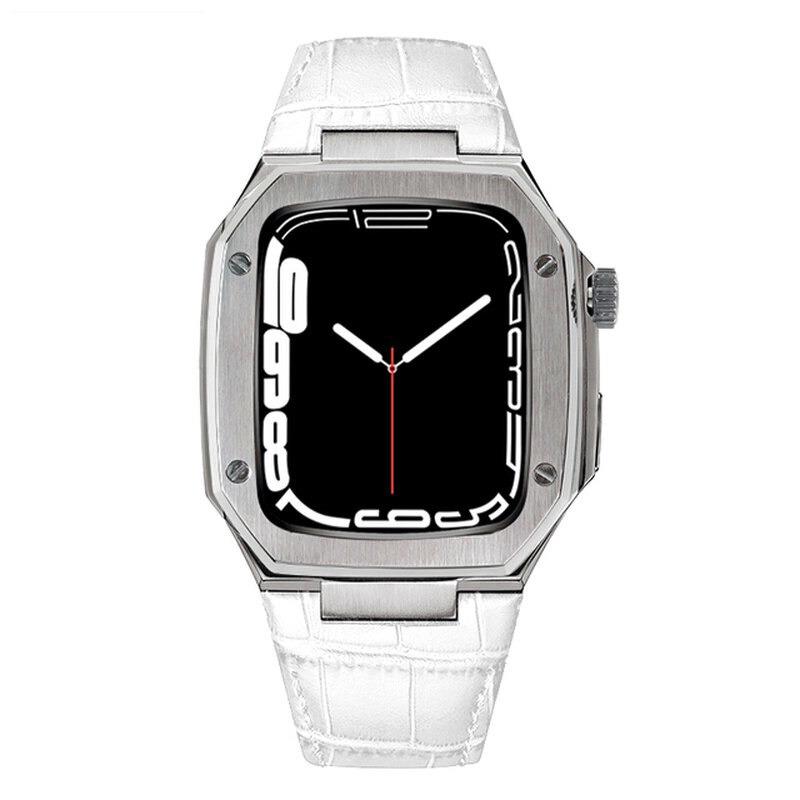 Apple Watch 4 44 mm uyumlu Modifikasyon Kiti Hublot Tasarım Paslanmaz Çelik Kasa & Deri Kordon Beyaz - Gümüş