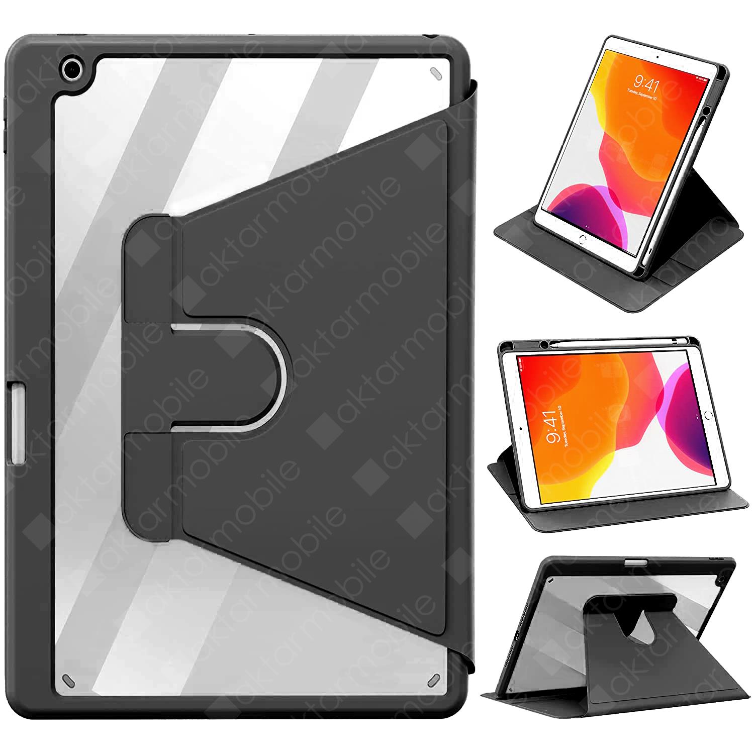 iPad 8. Nesil 2020 10.2 Uyumlu Kılıf 360° Dönebilen Kalem Bölmeli Standlı Akıllı Kapak Premium Siyah