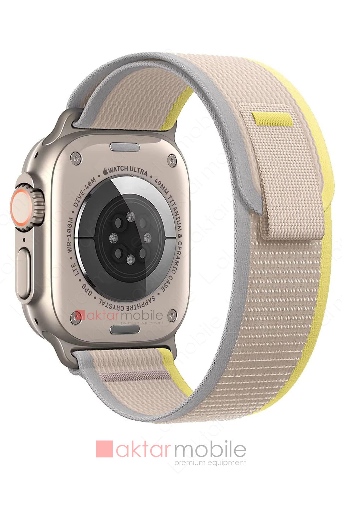 Apple Watch Ultra 49 mm uyumlu Kordon Trail Loop Naylon Örgü Kayış Beyaz - Sarı