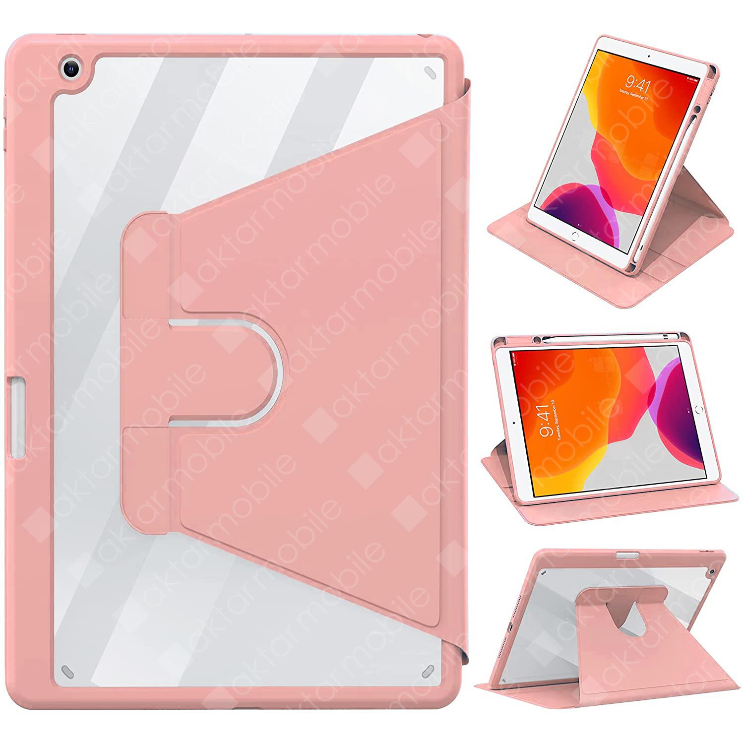 iPad 8. Nesil 2020 10.2 Uyumlu Kılıf 360° Dönebilen Kalem Bölmeli Standlı Akıllı Kapak Premium Pudra