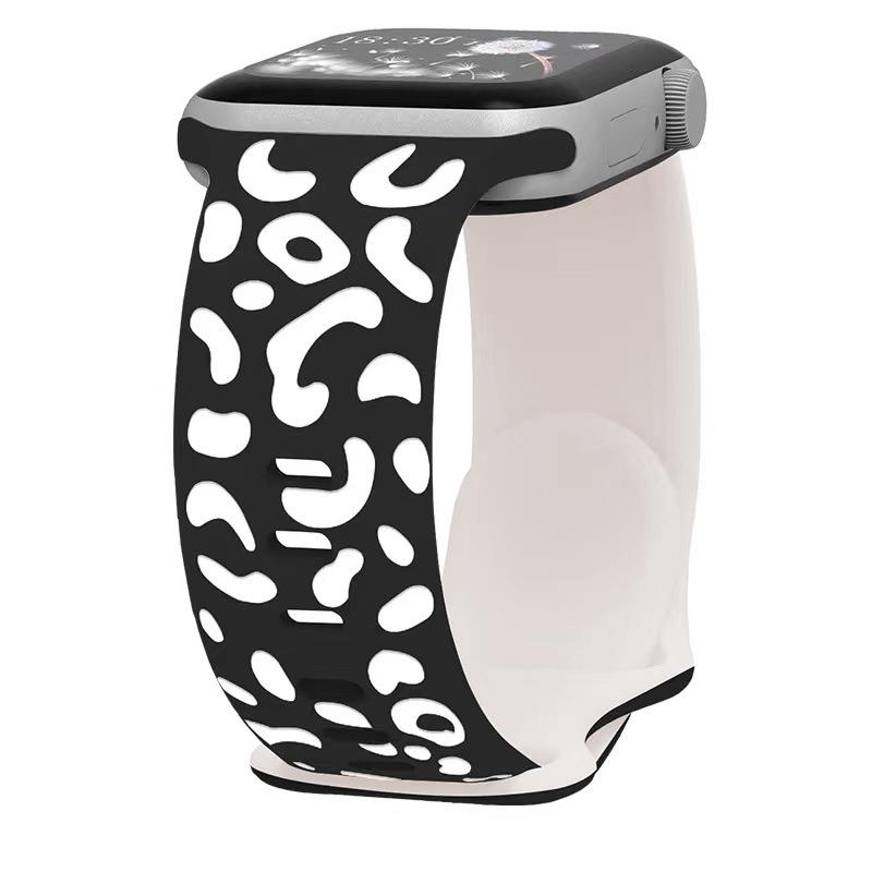 Apple Watch 10 46 mm Uyumlu Silikon Kordon Leopar Desenli Renkli Tasarım Kayış Siyah - Starlight
