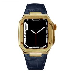 Apple Watch 4 44 mm uyumlu Modifikasyon Kiti Hublot Tasarım Paslanmaz Çelik Kasa & Deri Kordon Lacivert - Gold