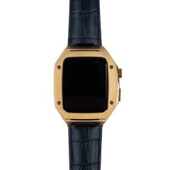 Apple Watch 4 44 mm uyumlu Modifikasyon Kiti Hublot Tasarım Paslanmaz Çelik Kasa & Deri Kordon Lacivert - Gold